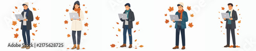 Картината върху платно vector of a man standing with a laptop in autumn vibe