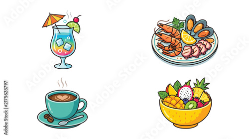 Tropical Cocktail Seafood Platter Hot Coffee and Fruit Bowl Vector Illustration Set