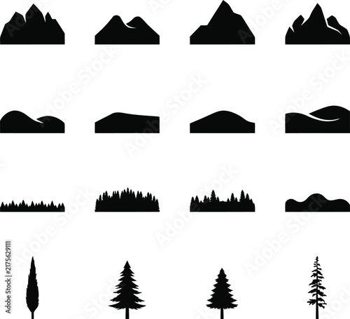 Black silhouettes of mountain peaks trees and a forest landscape outline
