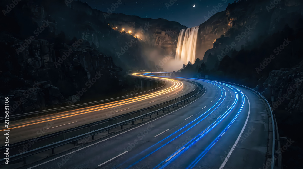 Obraz premium Waterfall cascading down dark rocky mountainside with golden light trails on winding road for serene nature travel background.