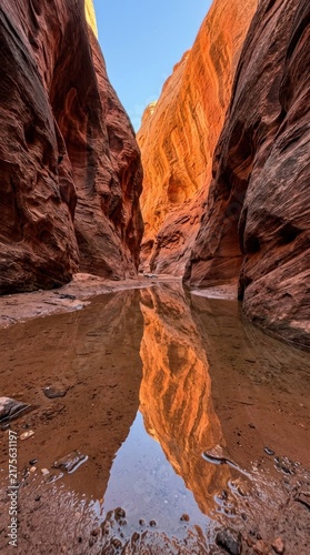 Vibrant Slot Canyon with Serene Water Reflection.