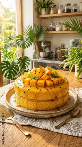 Vibrant TwoTiered Tropical Fruit Cake with Mango and Mint in a Bright PlantFilled Kitchen.