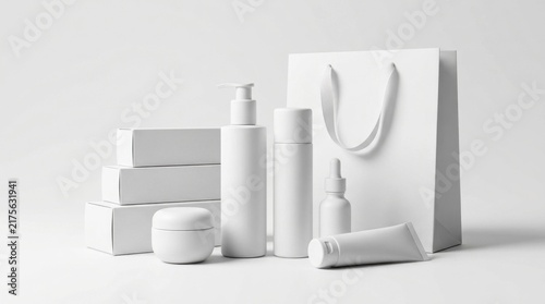 White Cosmetic Product Packaging Mockup with Shopping Bag and Boxes.