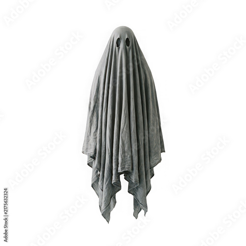 A spooky ghost costume made of a grey sheet isolated on transparent background