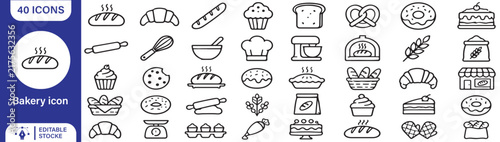 Bild auf Leinwand 40 Bakery Vector Outline Icons Set – Bread, Pastry, Cake, Cupcake, Donut, Croiss
