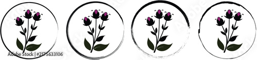 Four circular featuring black floral bouquet with purple flower accents on a plain white background surface
