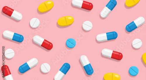Healthcare medical pills capsules and tablets scattered on pink background colorful assortment pharmaceutical medication illustration.