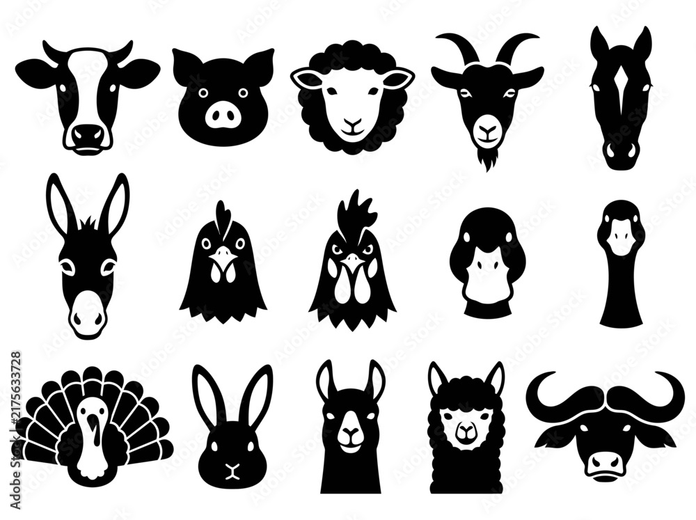 Naklejka premium Minimalist Farm Animal Head Icon Set