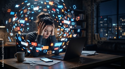 Naklejka A conceptual representation of notification overload, constant digital stimulation, smartphone dependency, and stress caused by excessive connectivity.