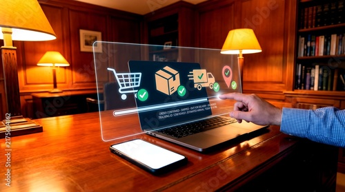 Futuristic e-commerce logistics interface on laptop, digital supply chain management icons, online shopping delivery tracking technology