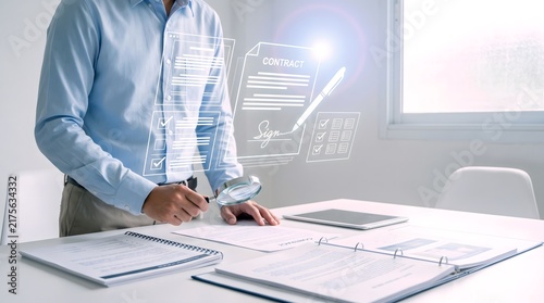 Digital contract signing with glowing hologram interface, businessman reviewing legal documents with magnifying glass, electronic signature technology