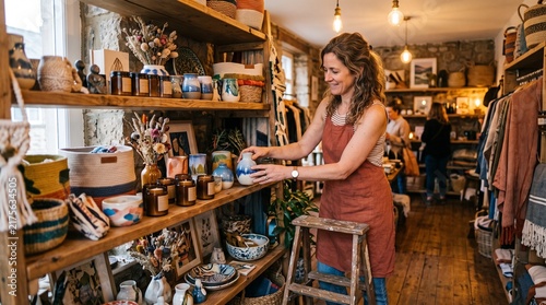 Shop owner arranging decorative items on wooden shelves in a boutique store