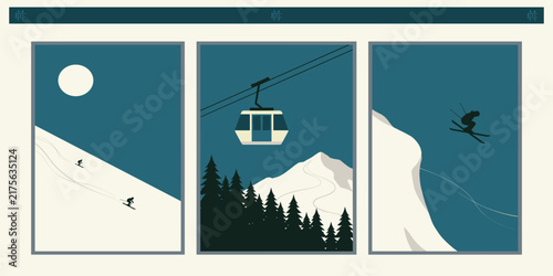 Modern retro ski posters, snowboard art prints