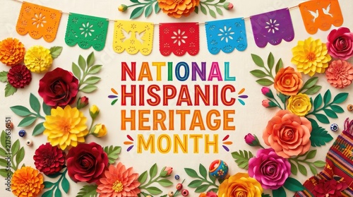 National hispanic heritage month celebration banner with colorful paper flowers and festive decorations