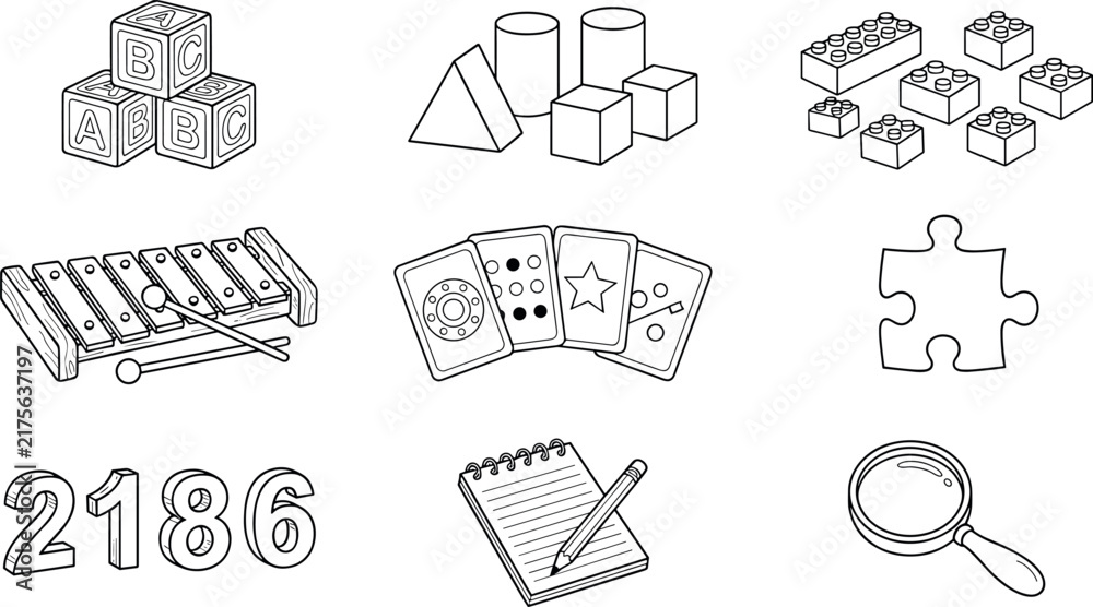Obraz premium Early childhood education and preschool development learning elements set featuring building blocks alphabet numbers and educational games