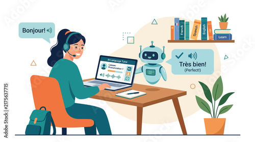 Student practicing French with AI language tutor robot.