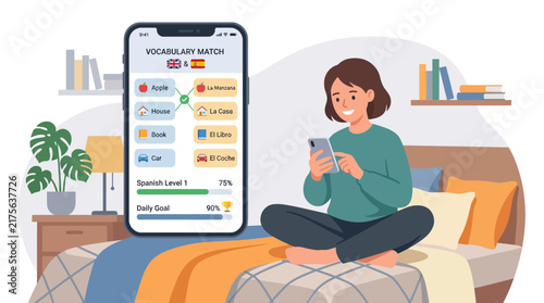 Woman playing vocabulary matching game on smartphone home.