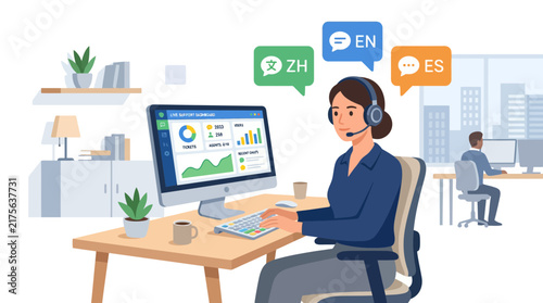 Woman providing multilingual customer support at workstation.