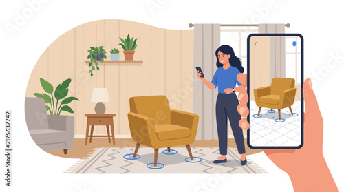 Woman using augmented reality app for furniture visualization.
