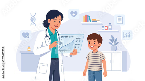 Pediatrician showing growth chart to young male patient.