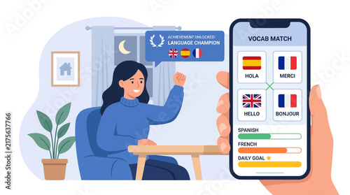 Woman studying foreign languages via mobile learning application.