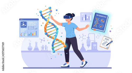 Scientist using VR headset to analyze genetic structures.
