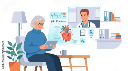Elderly woman viewing holographic heart data on tablet.