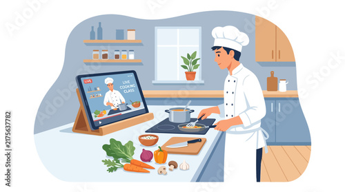 Chef watching digital cooking tutorial on tablet.