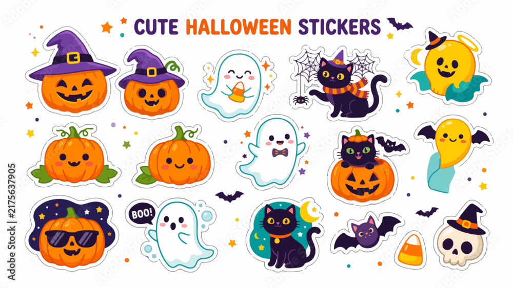 Obraz premium Set of cute Halloween stickers featuring friendly ghosts, smiling jack-o-lanterns, black cats, and bats