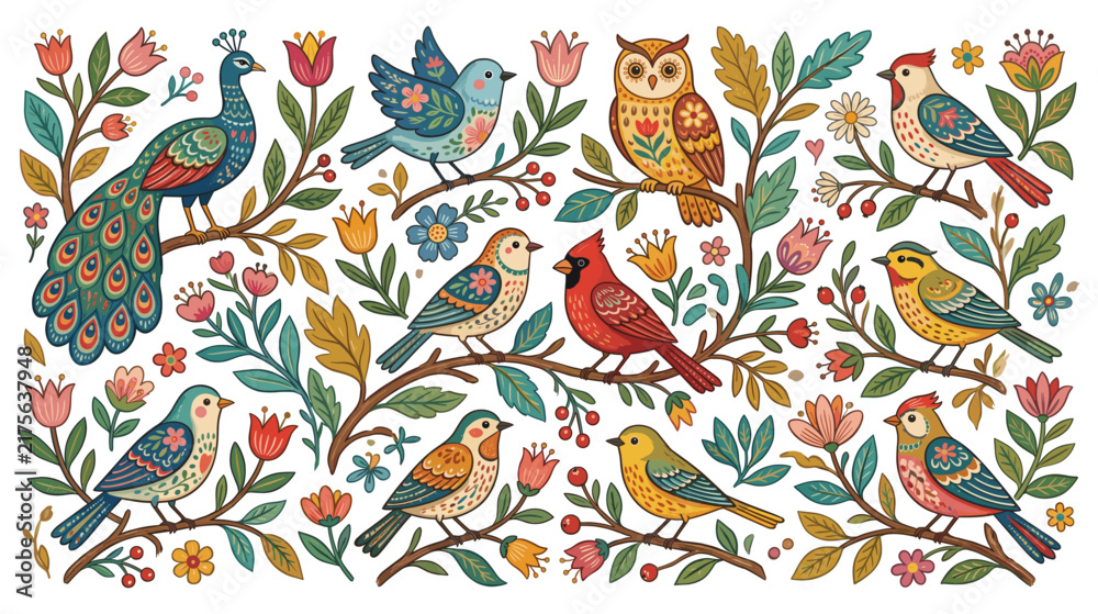 Fototapeta premium Folk art bird collection