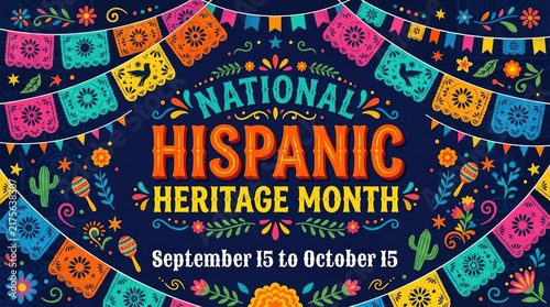 National hispanic heritage month celebration background with colorful papel picado and maracas