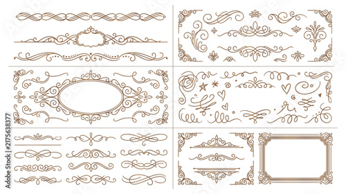 Calligraphic flourish collection with brown line art swirl frames.