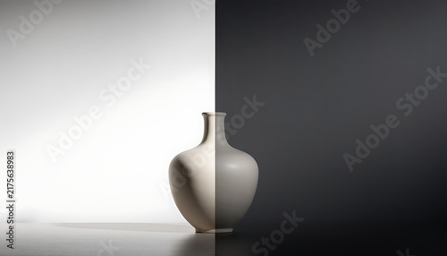 Minimalist Ceramic Vase Against Split Black and White Background with High Contrast Lighting