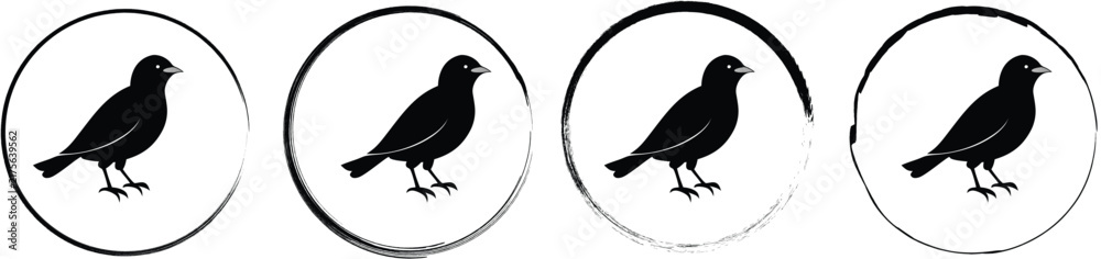 Fototapeta premium Four circular featuring a black silhouette of a small bird facing right on a white background, flat style