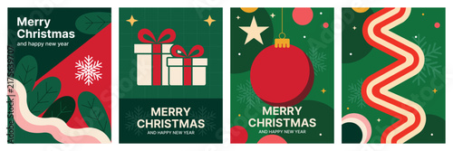 Merry Christmas and Happy New Year vector poster design set. Abstract ornaments, snowflakes, gift ribbon on festive red and green holiday greeting cards.