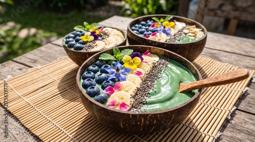 A close-up macro shot of vibrant green spirulina smoothie bowls topped with chia seeds, sliced bananas, blueberries, and edible flowers, served in coconut bowls on a bamboo m