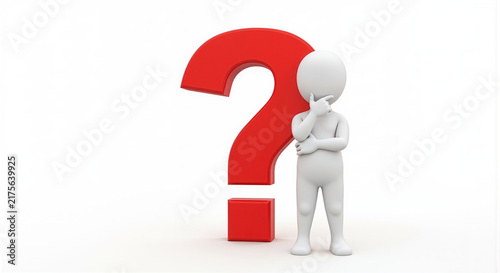 White 3D character standing next to a large red question mark in a thoughtful pose against a clean white background