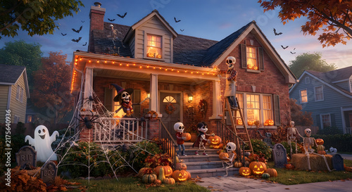 Skeleton family decorating the house with halloween elements in playfull 3d style