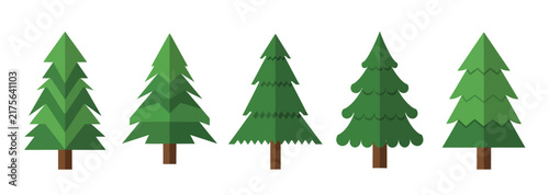 Five green christmas trees in flat design style, different shapes and sizes, winter holiday symbols, isolated on white background.