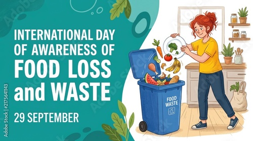 International day of awareness of food loss and waste illustration with woman throwing food in bin