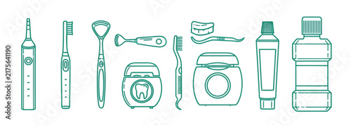 Dental hygiene tools collection showing oral care products including electric toothbrush manual brush tongue cleaner dental floss and mouthwash in line art style.
