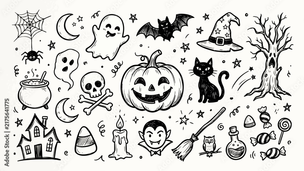 Fototapeta premium Doodle collection of cute Halloween elements including pumpkins, ghosts, bats, and witches in black and white