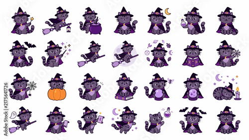 Cute purple witch cats set in various magical poses, Halloween icons and vector illustrations