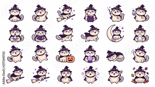 Collection of cute witch cat stickers in Halloween costumes, magical poses, and spooky themes