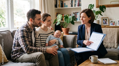 Insurance agent explaining policy details to a young couple with their newborn baby at home