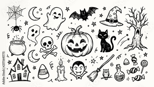 Doodle collection of cute Halloween elements including pumpkins, ghosts, bats, and witches in black and white