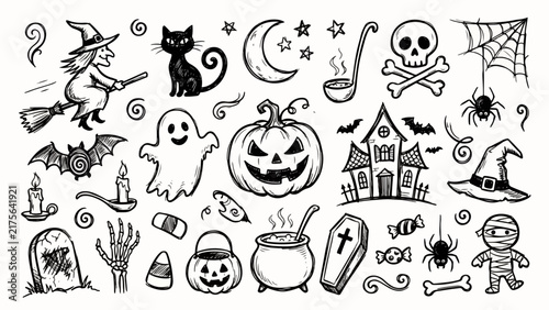 Hand-drawn Halloween elements doodle vector illustration set with witch, ghost, and pumpkin icons
