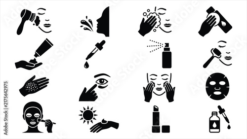 Step by Step Facial Skincare Steps Clean Black Silhouette Icon Set
