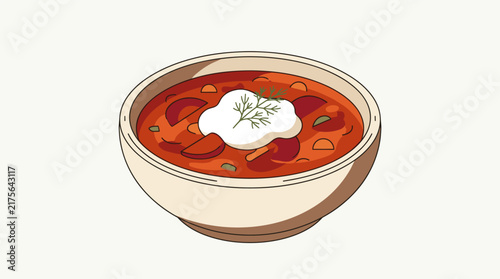 A bowl of hearty borscht soup with a dollop of sour cream and dill garnish, flat design vector illustration