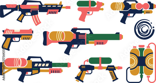 Cuadro en lienzo Flat Geometric Water Gun Icon Set Featuring Toy Blasters Rifle Shapes Pistol Tar